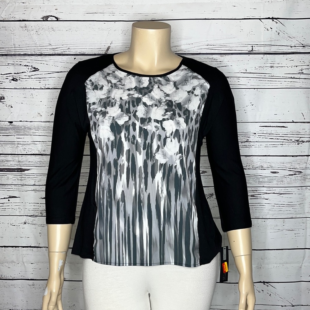 Apt. 9 Petite NWT Sz. PXL Black - Floral/Animal Print Mixed Media Woven Knit Top